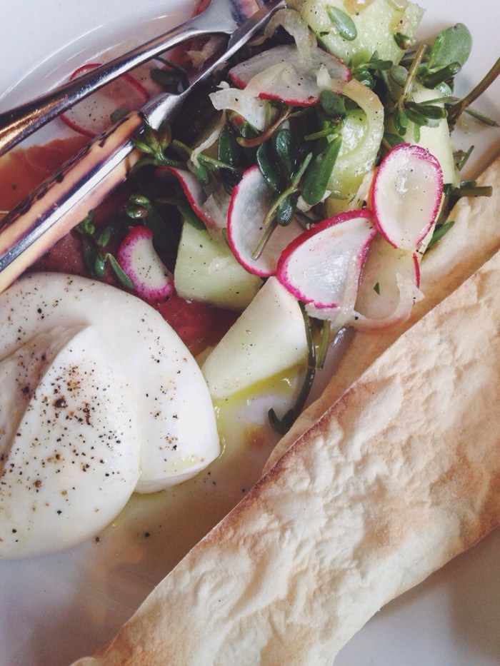 My favorite dish, house-made mozzarella served with honeydew melon salad, prosciutto di parma & cracker bread
