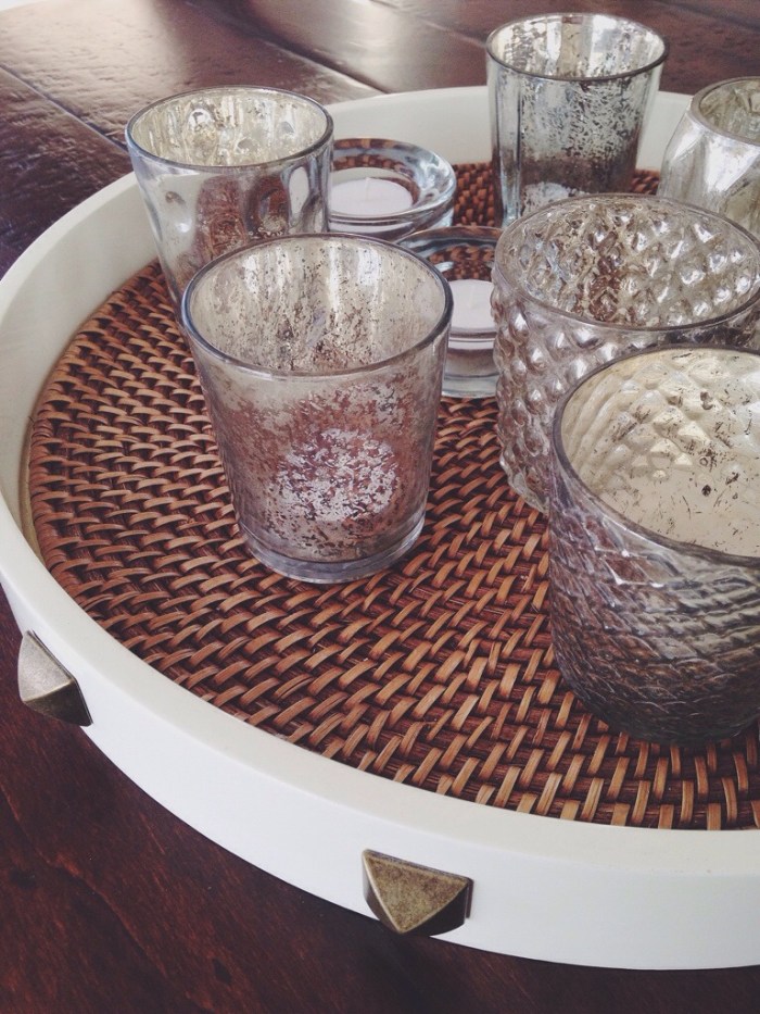 Instead of floral arrangements at our wedding we used mercury votives on the tables to give it a romantic glow, I have some on our table to remind us of that perfect day 