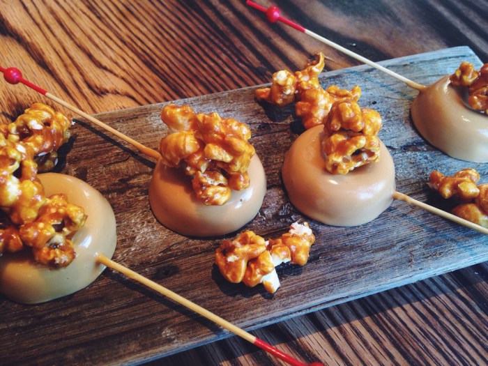 Manchego cheesecake bites. I'm not totally a sweets person but I thought they were ok, if you love sweets you will probably love the them. Super decadent.