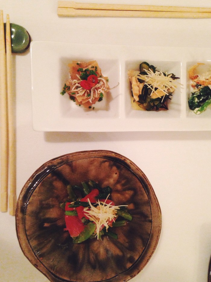 We each had a different tasting menu, his three tastes included some soy infused daikon, tofu with greens and cucumber with scallop. Mine was ahi with greens and ginger.