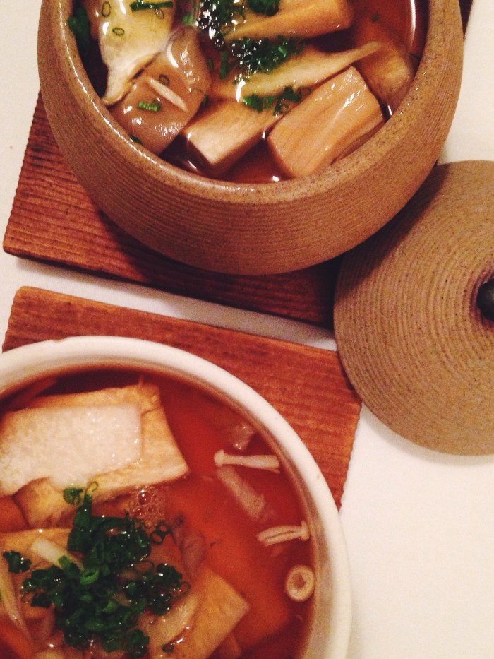 Mushroom soup with egg and fish, YUM!