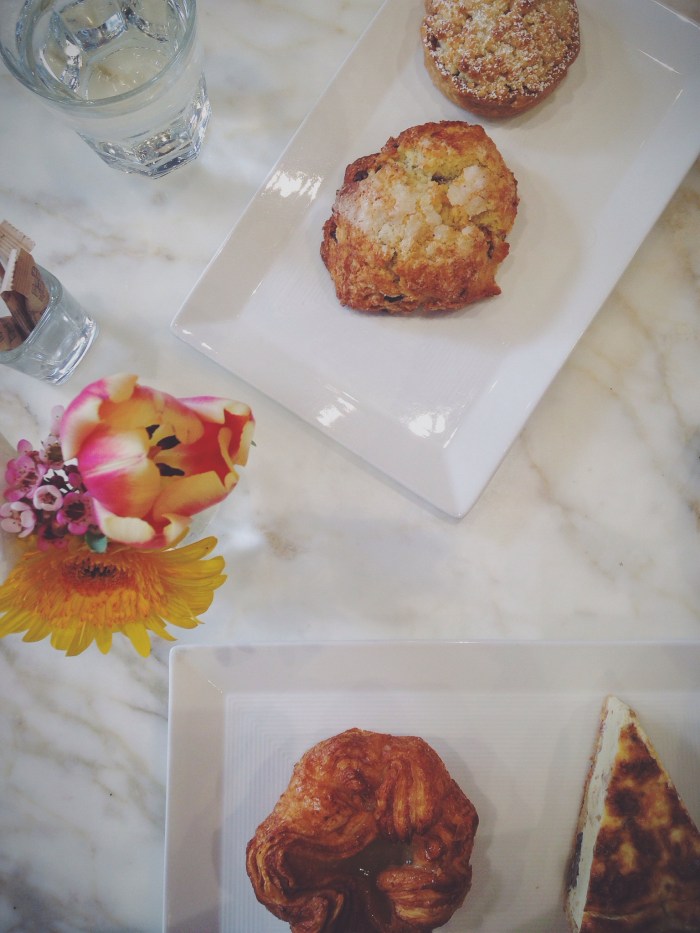 The haul...a chocolate banana scone, 10 hour apple tart, mushroom and goat cheese quiche and the kouign amann 