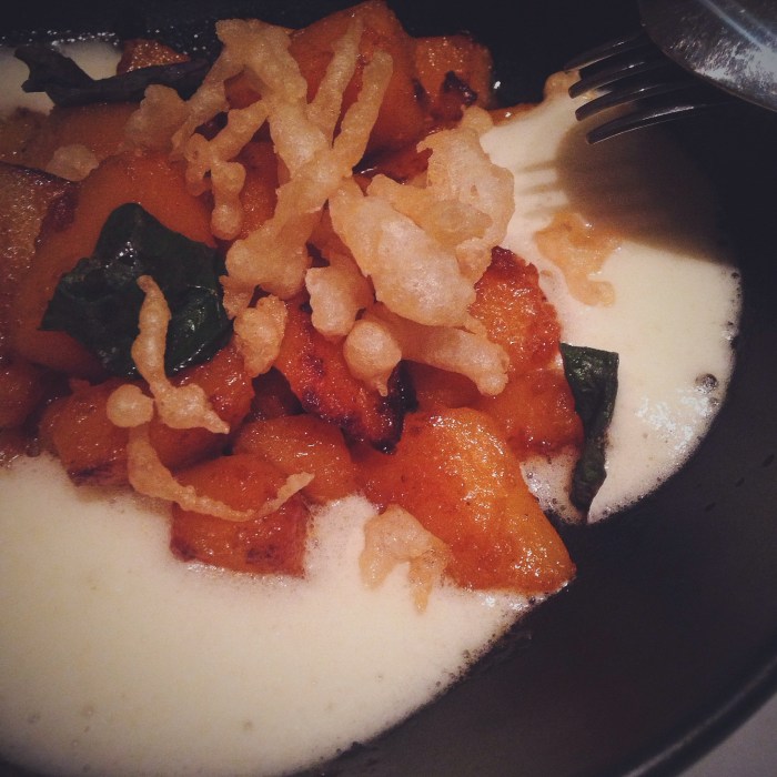 roasted squash with ponzu, tempura flakes and shiso