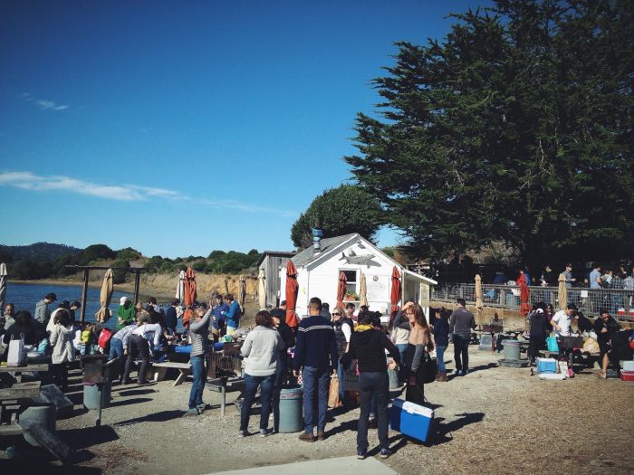 People arriving to set up shop for lunch