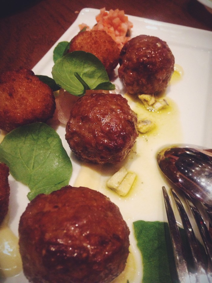 Lamb Meatballs & Halibut Croquettes with aioli, pickled red onion and white anchovie
