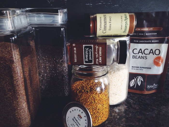 Ground flax, chia seeds, bee pollen, cinnamon, nutmeg, unsweetened shredded coconut, raw cocoa (I usually get the powder)