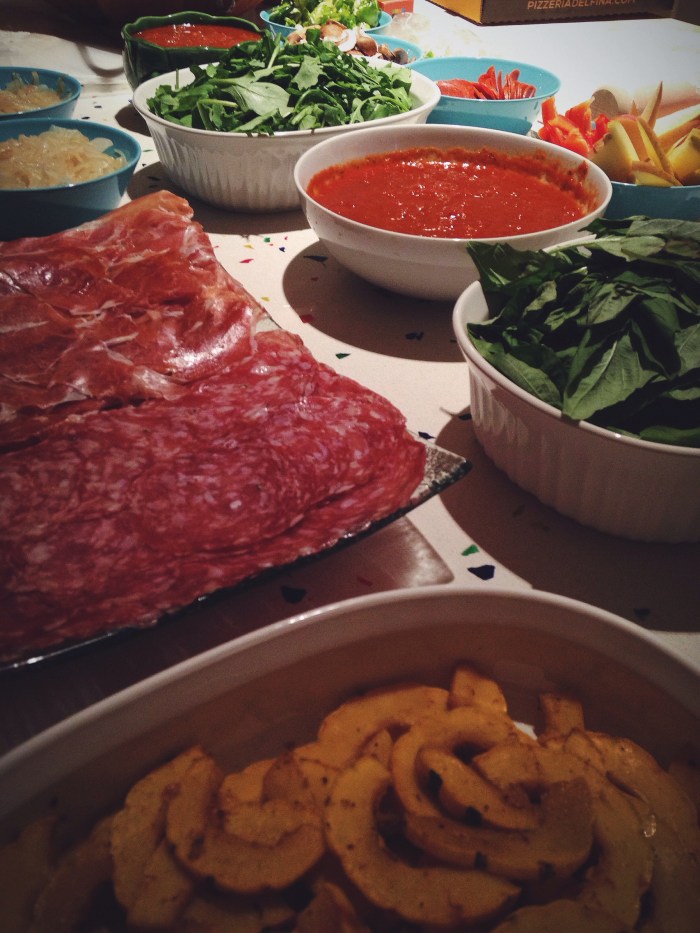 Toppings galore...if I made one more it would have had delicata squash, carmelized onions and dollaps of goat cheese