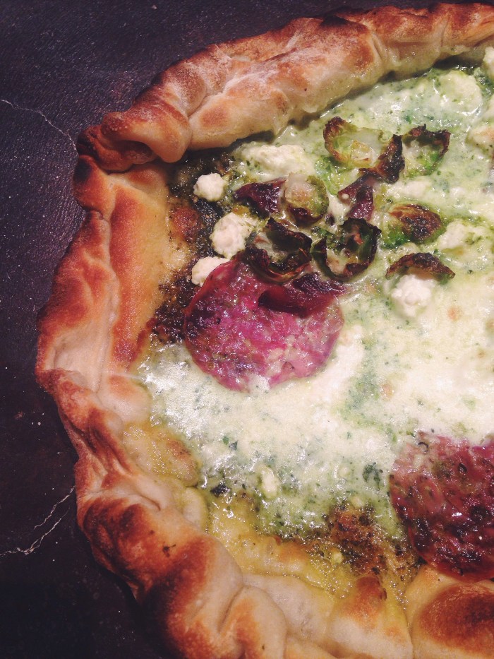 My creation: pesto, fresh mozzarella, salami, bacon, brussel sprout leaves...ahhhmazing