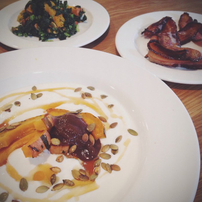 The seasonal yogurt with roasted delicata squash, toasted pumpkin seeds, honey and fig preserves. Also a kale saute and side of bacon because obviously.