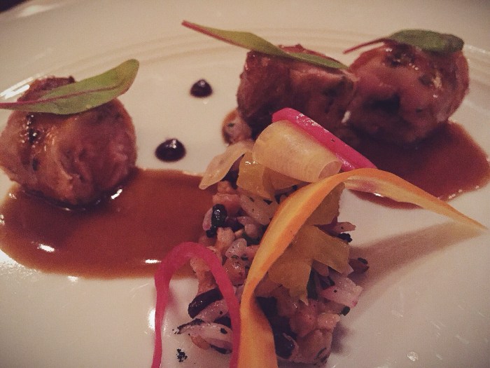 ‘Porchetta’ of quail with riso nero, balsamic demi-glace,and cherry mostarda