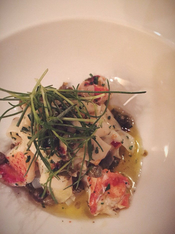 Cuttlefish ‘tagliatelle’ with capers, chili flakes, lobster,and agretti...the taglieatelle was actually the cuttlefish...super spicy and good