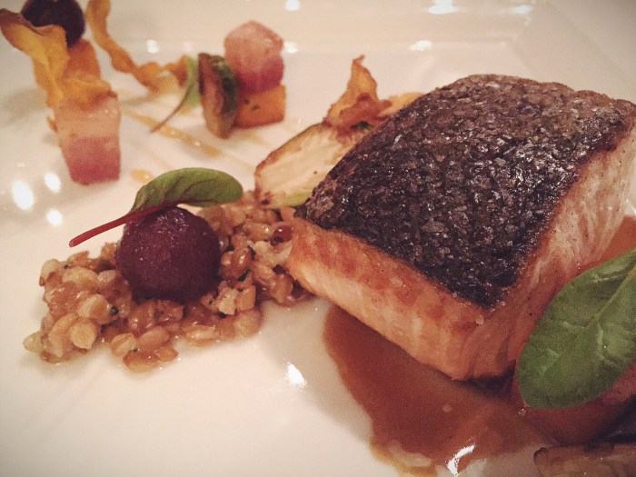 Scottish salmon with Butternut squash, ancient farro, pancetta, brussel sprouts, and pear...the salmon skin was heaven, extra crispy and salted just right