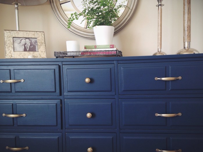 Still working on the best decor for the top but the basics - a tray (obviously), picture of my grandparents on their wedding day, and candlesticks are there to stay