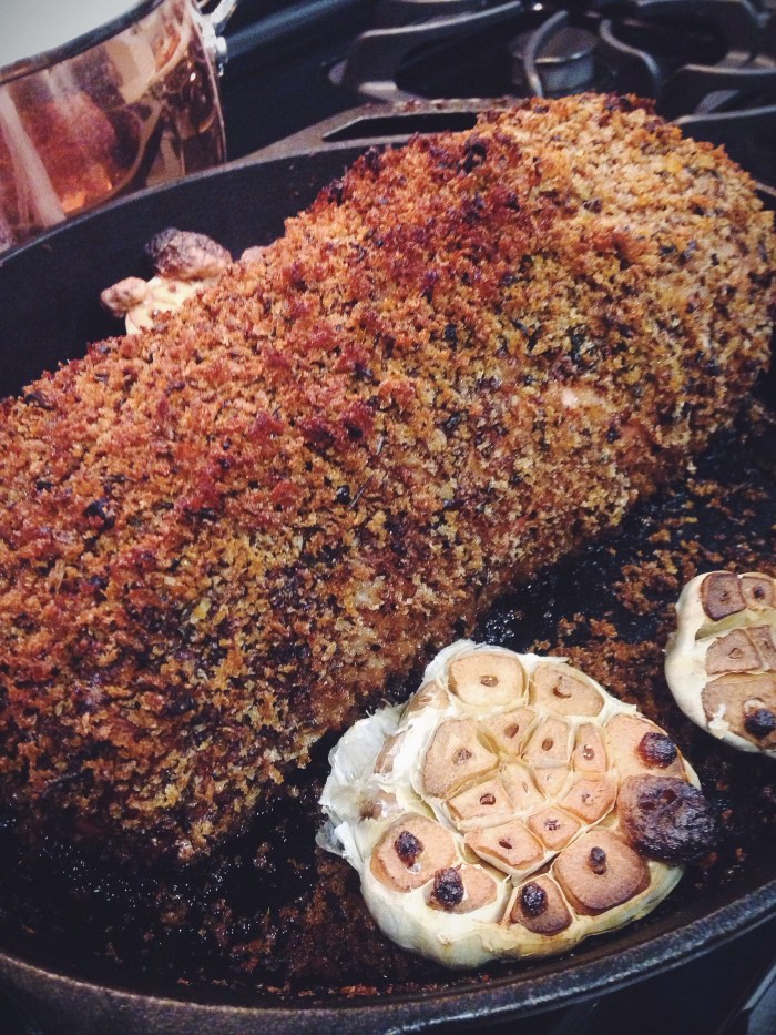 Dijon and panko crusted pork with roasted garlic, DAYUM, my friends can cook!